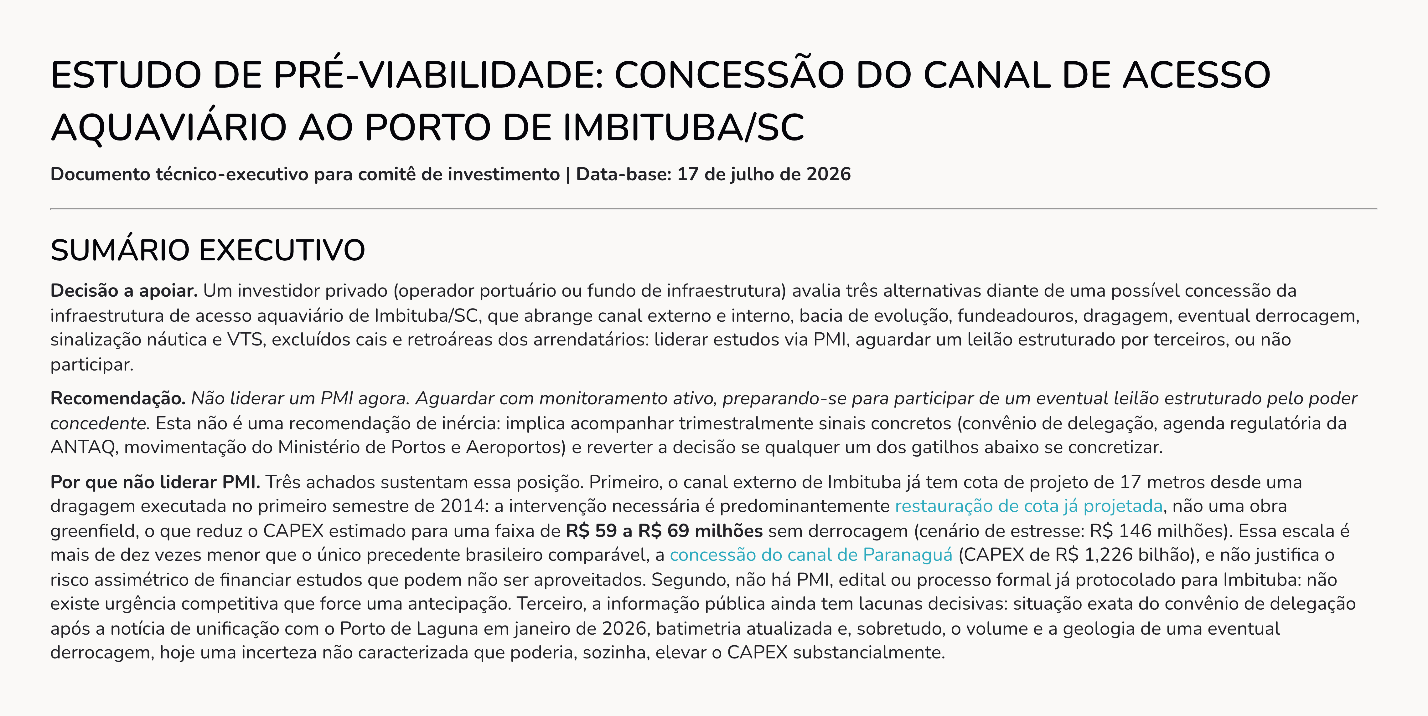 Capa do estudo de pré-viabilidade do canal de acesso ao Porto de Imbituba