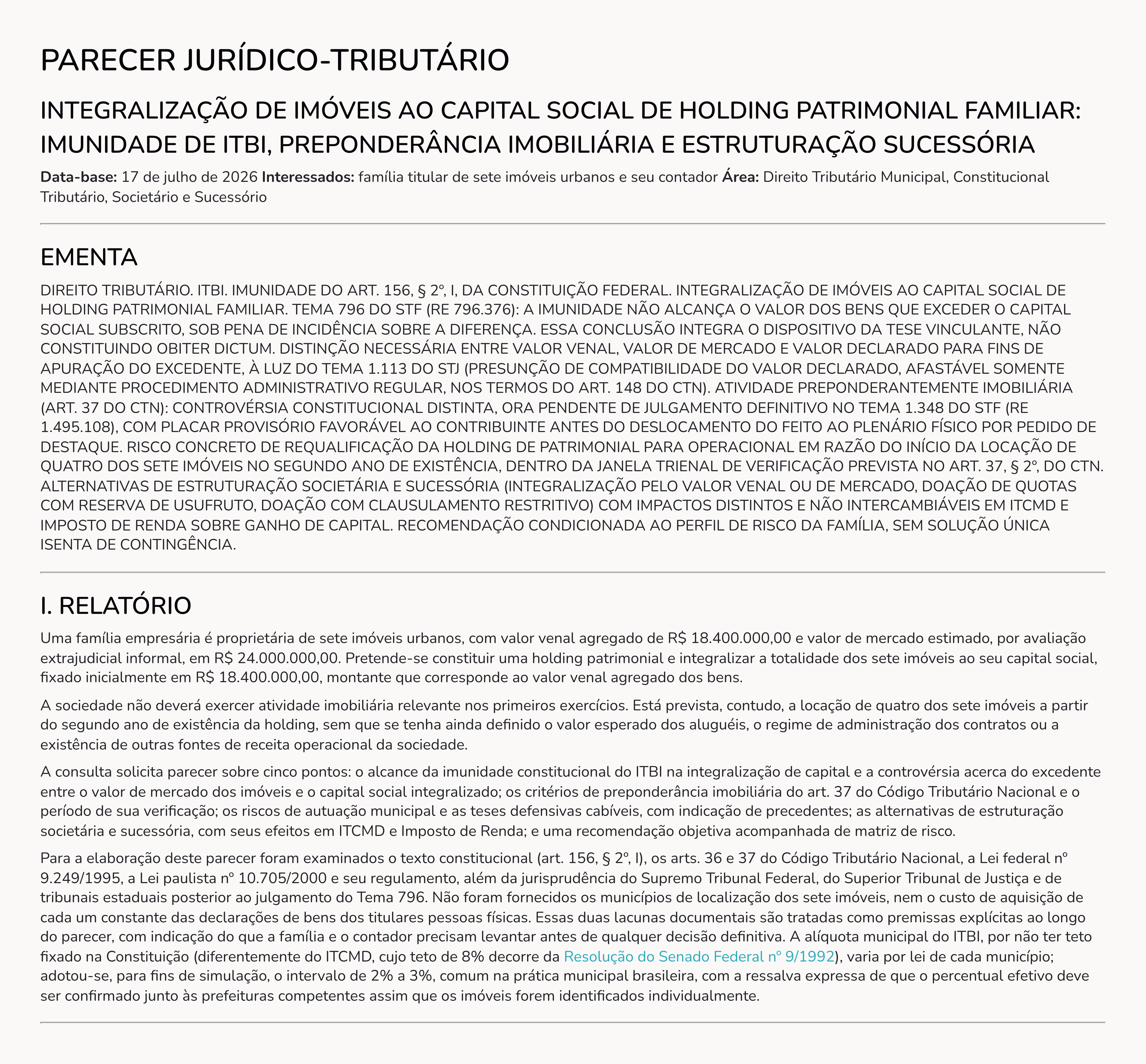 Capa do parecer sobre ITBI na integralização de imóveis em holding familiar
