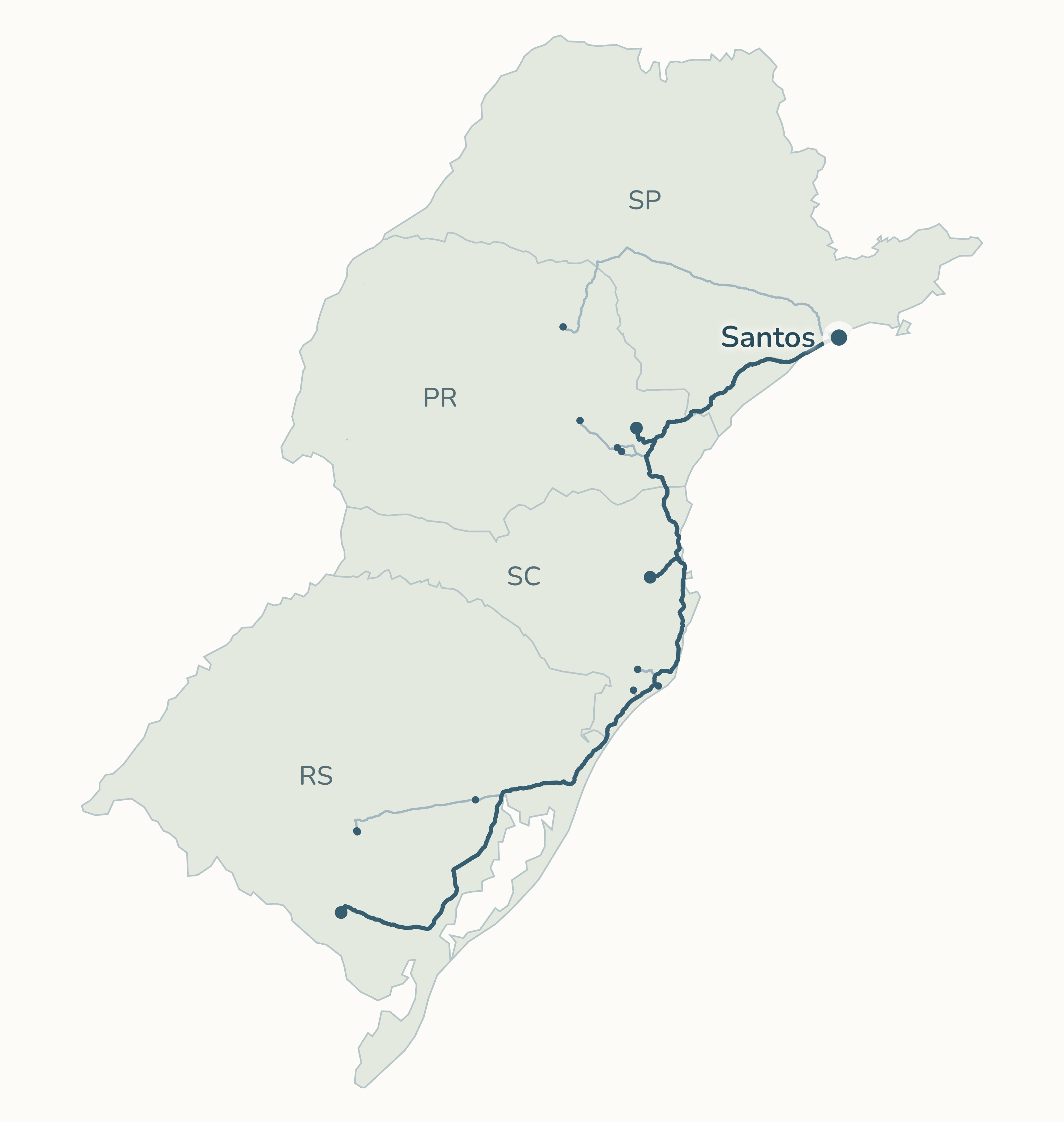 Mapa redesenhado do estudo: 14 percursos rodoviários de 12 municípios do Sul até o Porto de Santos