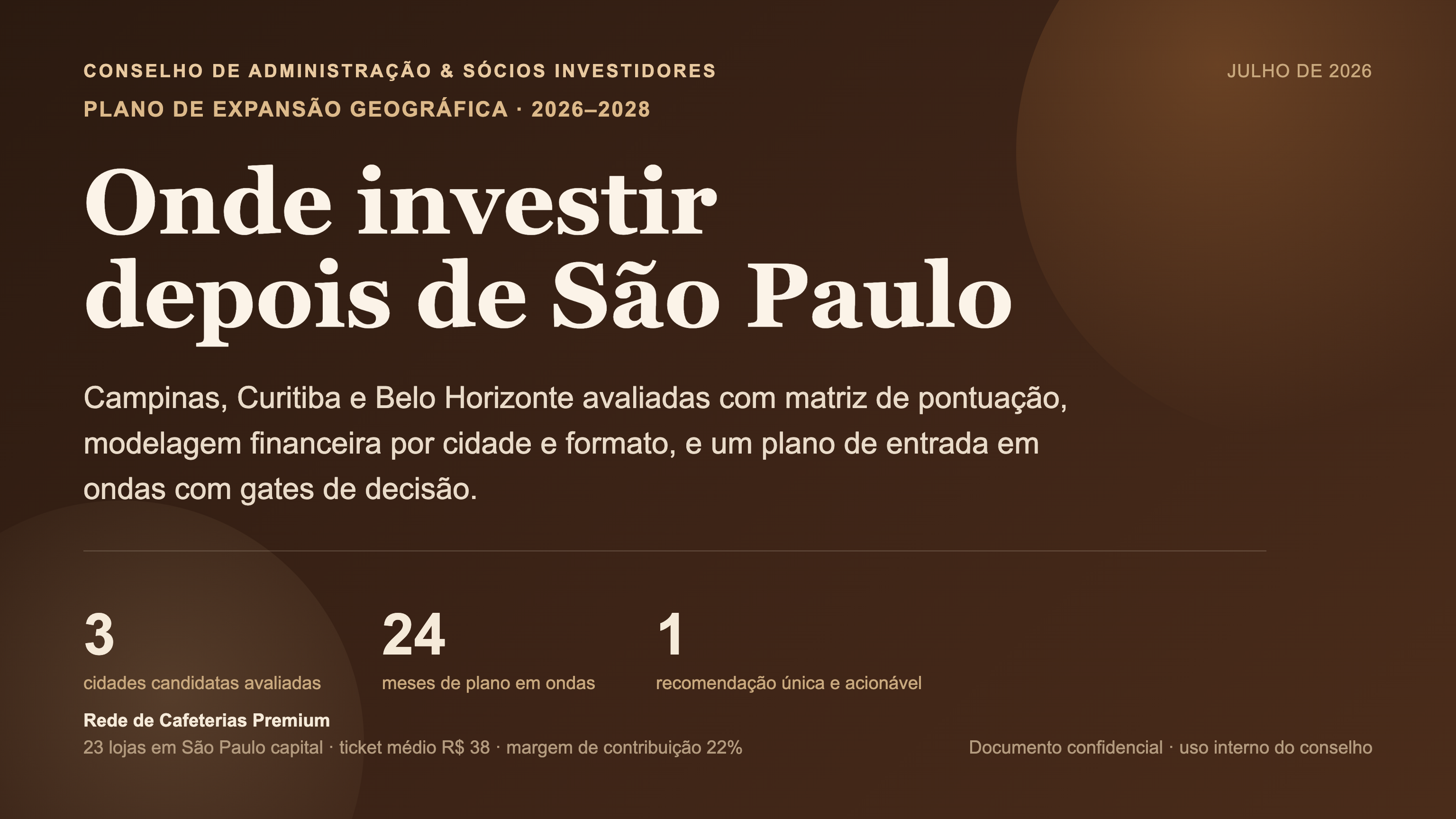 Capa da apresentação de expansão de uma rede de cafeterias para três cidades